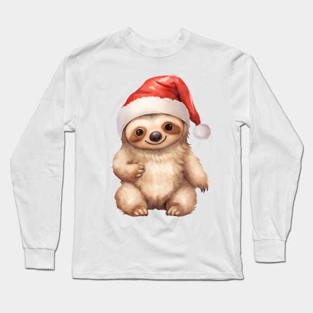 American Three-Toed Sloth in Santa Hat Long Sleeve T-Shirt by Chromatic Fusion Studio